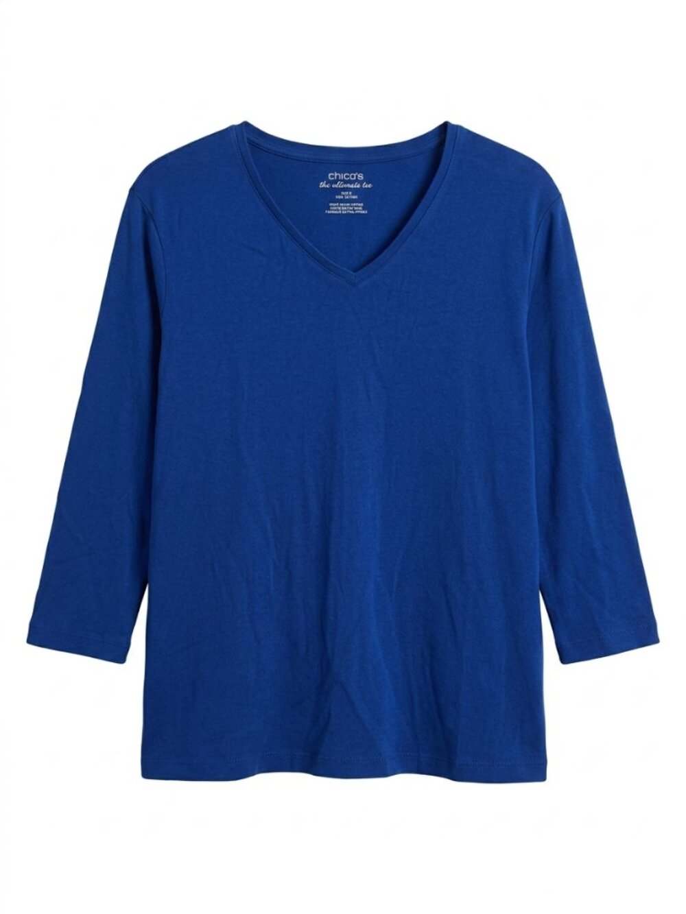Chico's The Ultimate Tee | Cobalt Blue V-Neck 3/4 Sleeve Cotton Top Sz 2 (12-14)